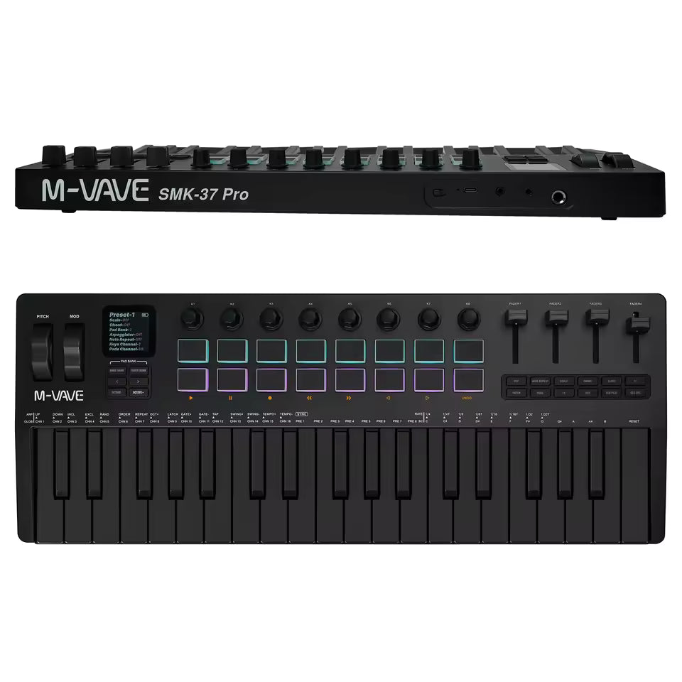 M-WAVE SMK-37 PRO Wireless MIDI Keyboard Controller – 37 Keys, 16 RGB Pads & 8 Knobs