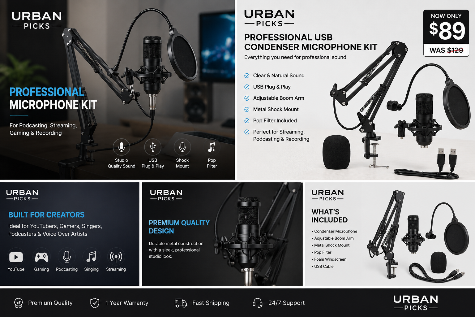 Professional USB Condenser Microphone Kit with Boom Arm & Pop Filter