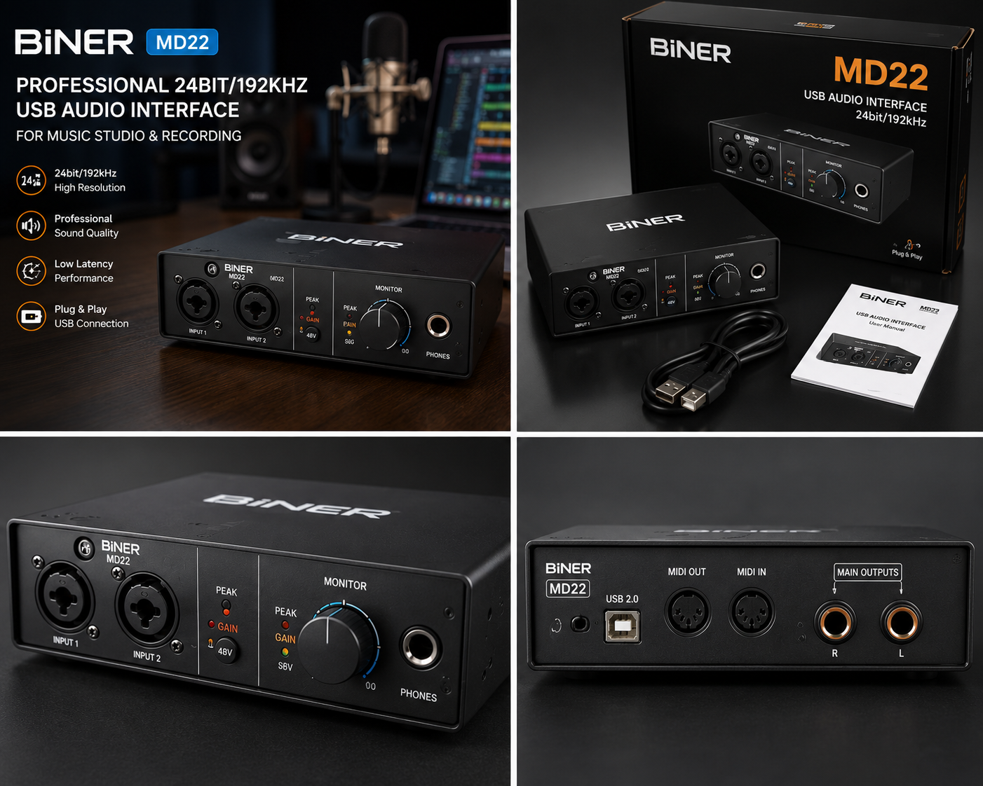 BINER MD22 Professional USB Audio Interface – 24bit/192kHz Studio Recording Sound Card