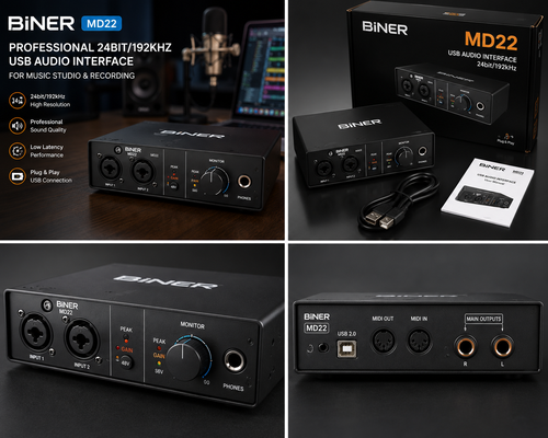 BINER MD22 Professional USB Audio Interface – 24bit/192kHz Studio Recording Sound Card