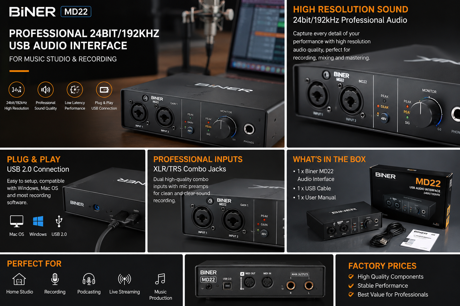 BINER MD22 Professional USB Audio Interface – 24bit/192kHz Studio Recording Sound Card