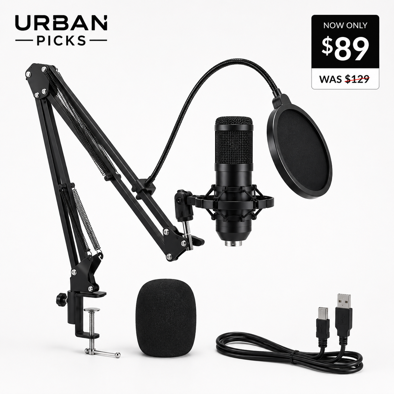 Professional USB Condenser Microphone Kit with Boom Arm & Pop Filter