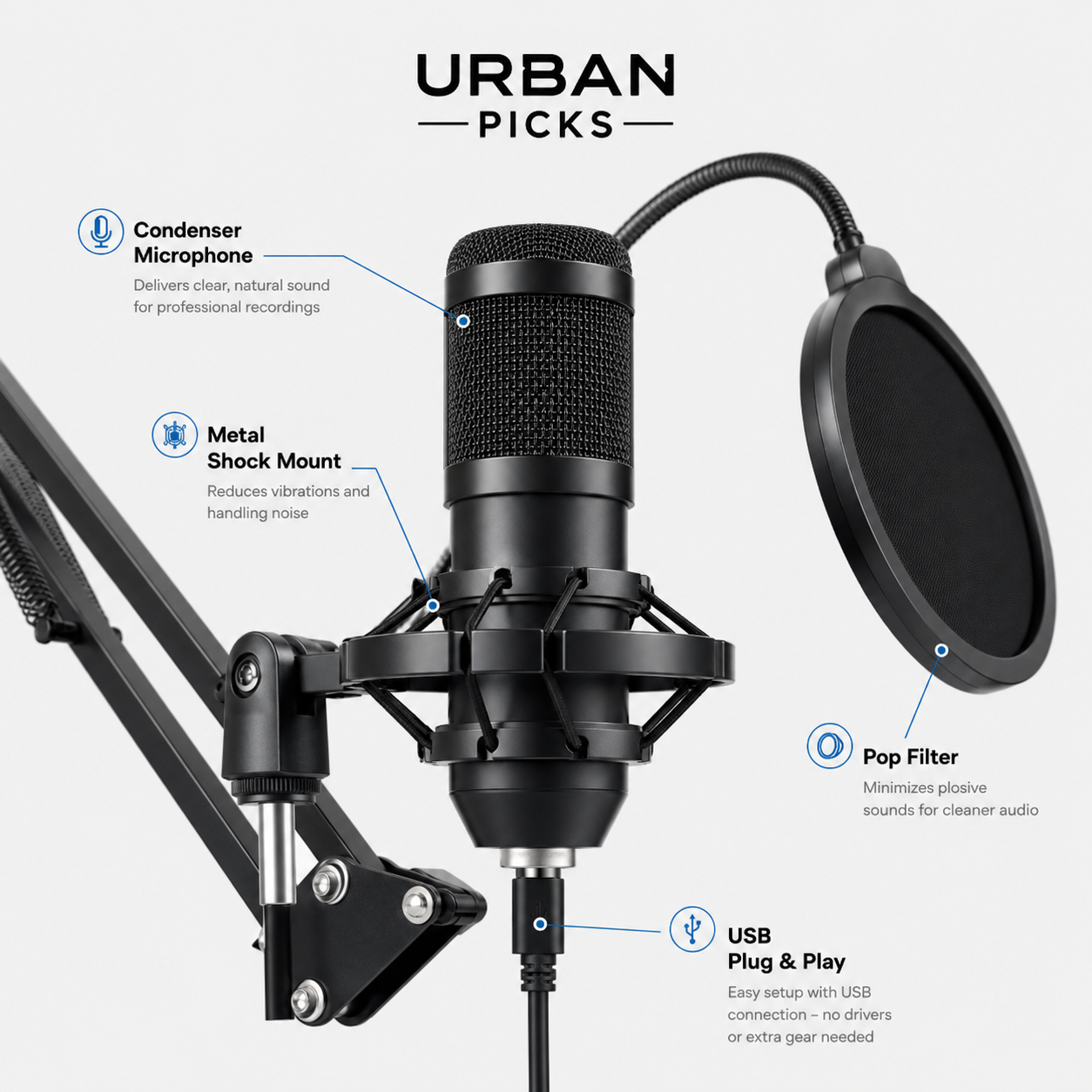 Professional USB Condenser Microphone Kit with Boom Arm & Pop Filter