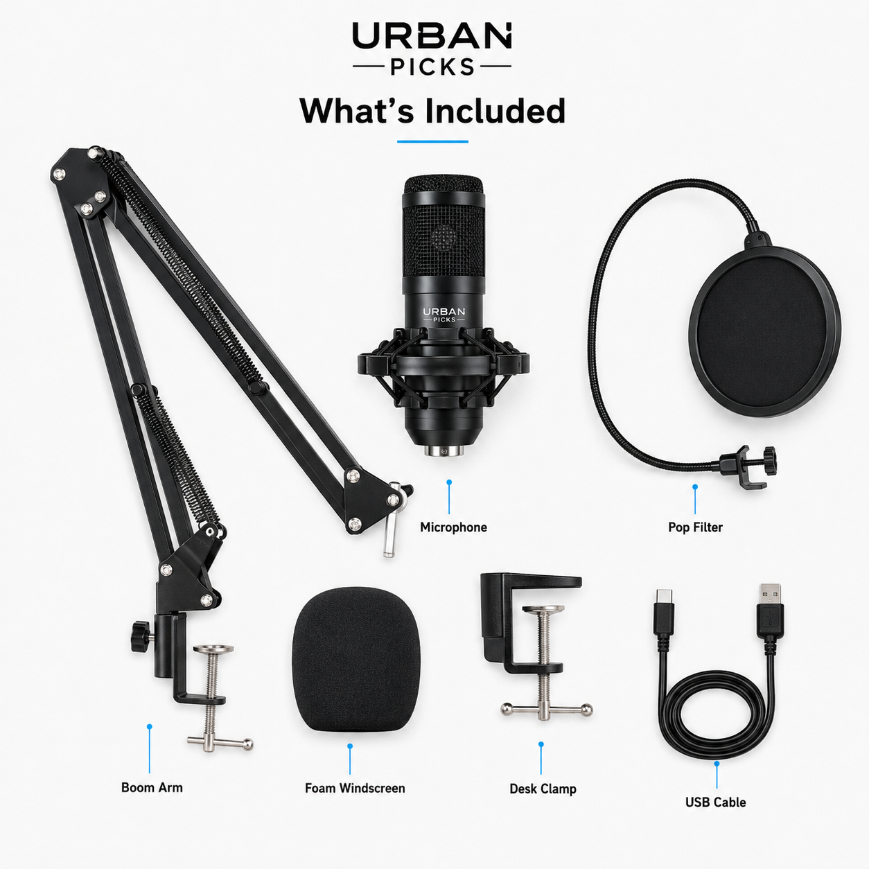 Professional USB Condenser Microphone Kit with Boom Arm & Pop Filter