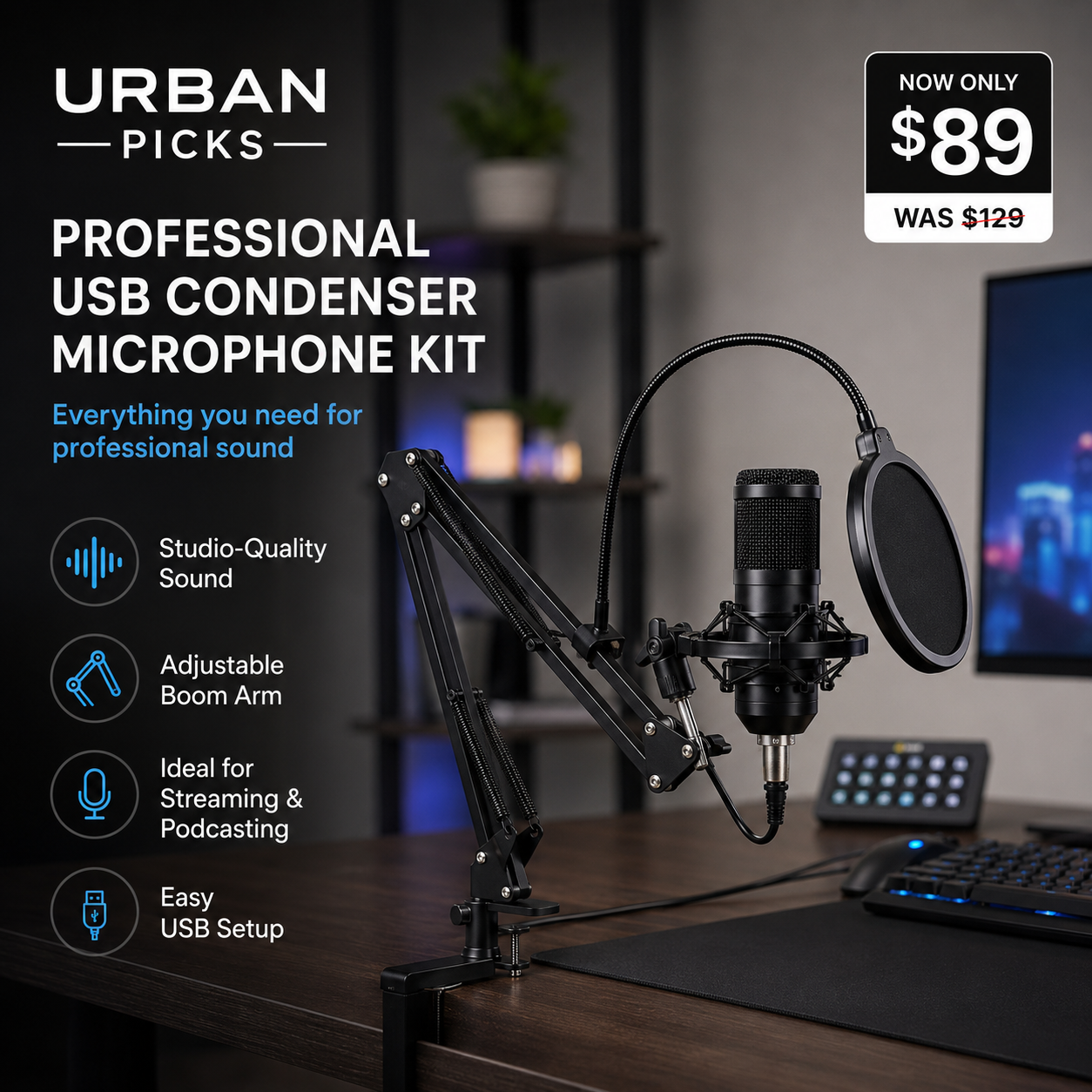 Professional USB Condenser Microphone Kit with Boom Arm & Pop Filter